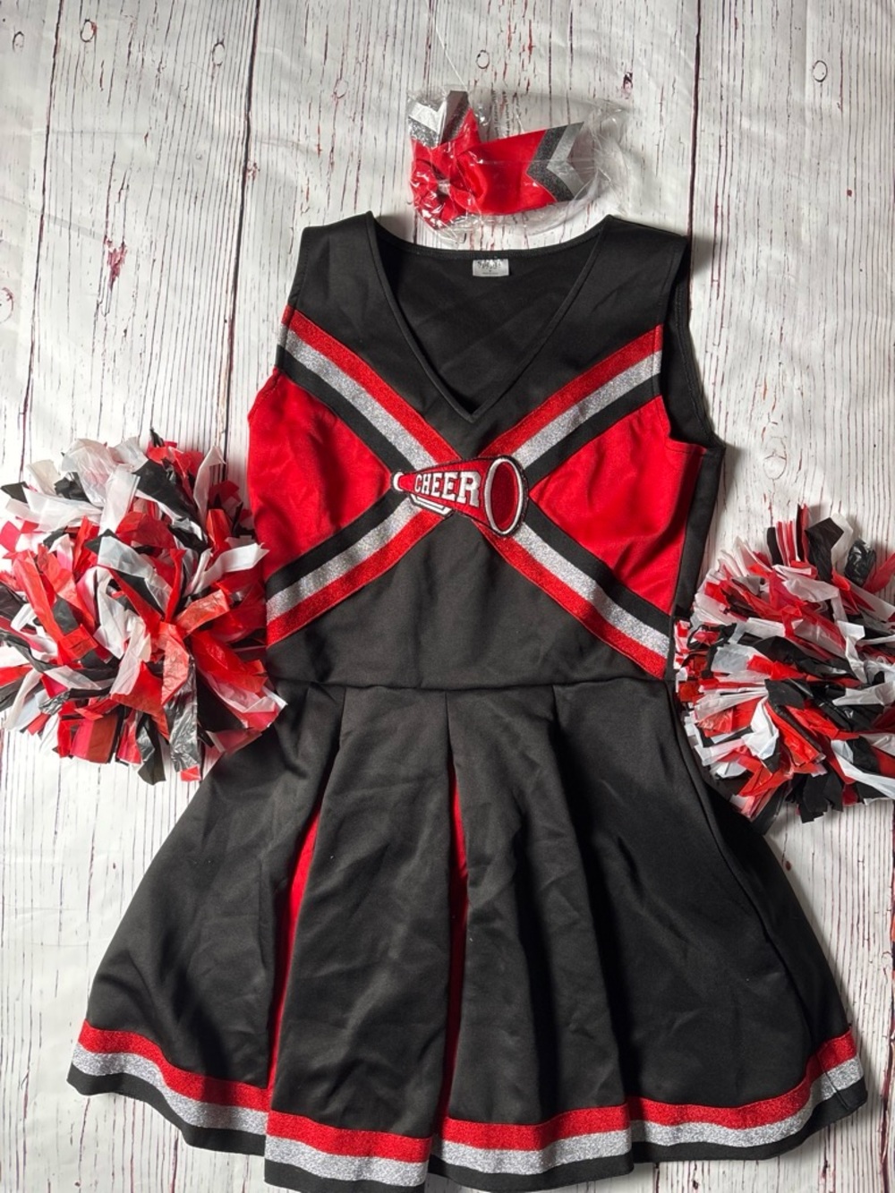 Red and Black Cheerleader Costume with Pom Poms